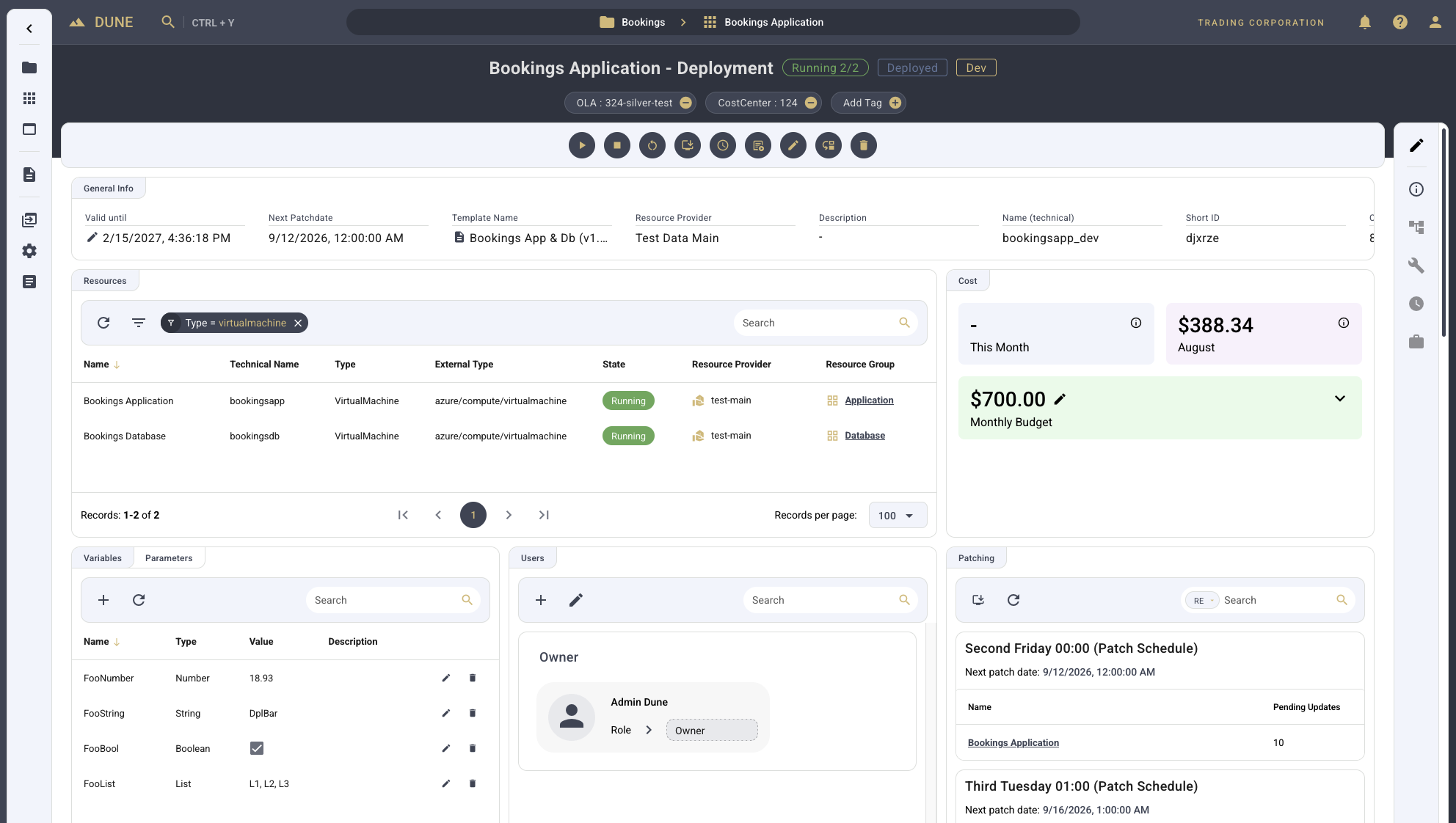 Dune Framework deployment detail view